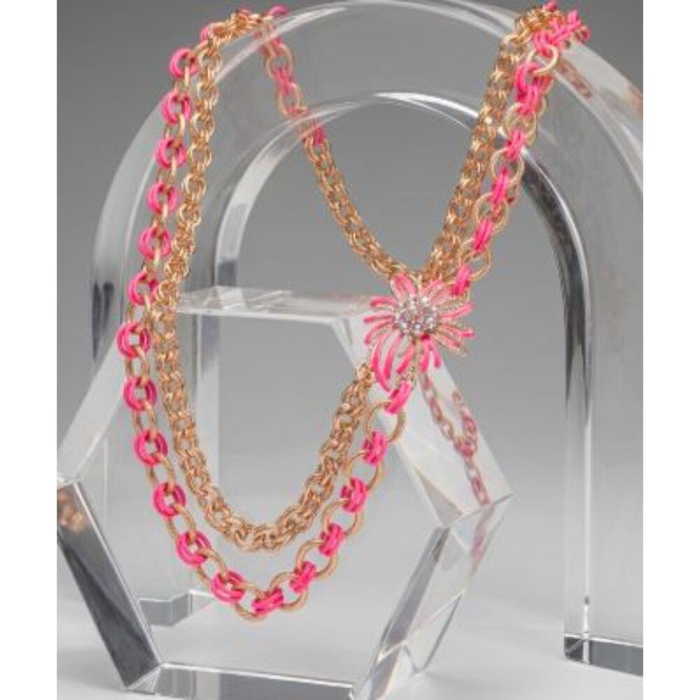 Milly Gold Enamel Double Link Crystal Firework Flower Necklace NWOT 210 PINK